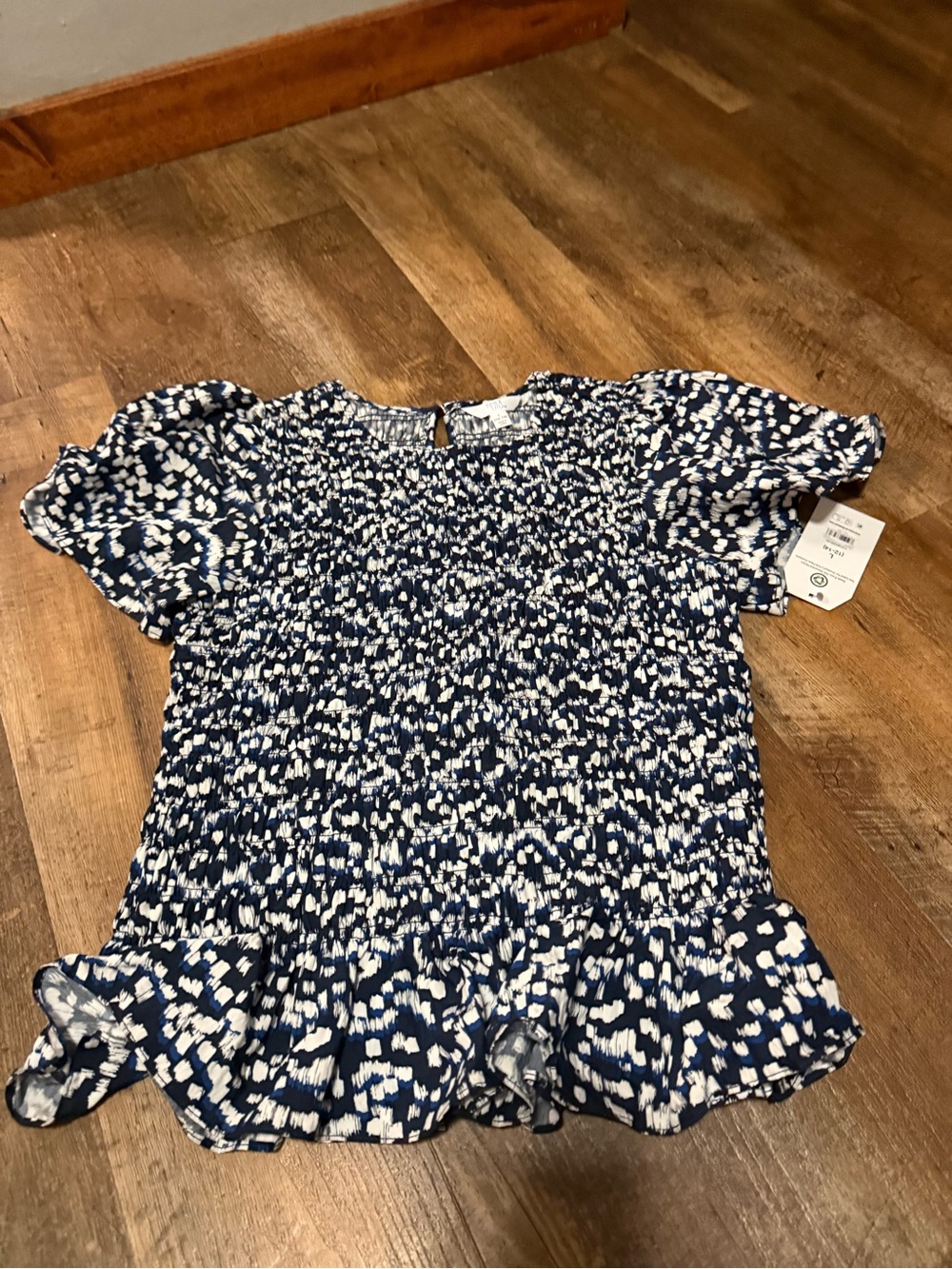 Time and Tru Navy and White Smocked Ruffle Blouse